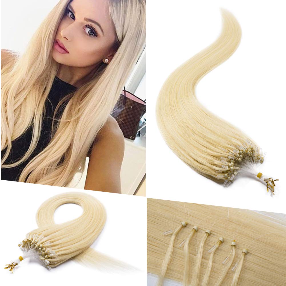 Benehair Micro Loop Human Hair Extensions 16inch Bleach Blonde #613 Pre Bonded Remy Hairpiece Micro Rings 100 strands 50g Long Silky Straight Hair Keratin Micro Beads No Glue No Heat