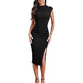 ihot 2026 Women's Mock Neck Side Slit Ruched Bodycon Cocktail Party Wedding Guest Midi Dress