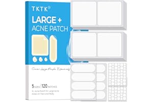 TKTK Hydrocolloid Bandages, 45 x 45 mm Large Pimple Patches for Face, XL Acne Patches for Body, Back, Forehead, Cheek Zit Breakouts, Big Hydrocolloid Patch (Square, Strip, Dot 5 Sizes 120 Count)