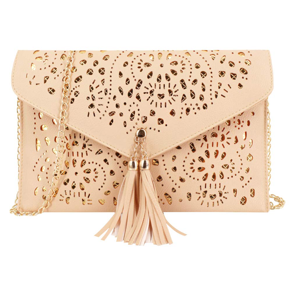 LA HAUTE Women's Flower Hollow Out Evening Bag Oversized Pu leather Clutch Handbag Elegant Chain Shoulder Crossbody Bag, Beige