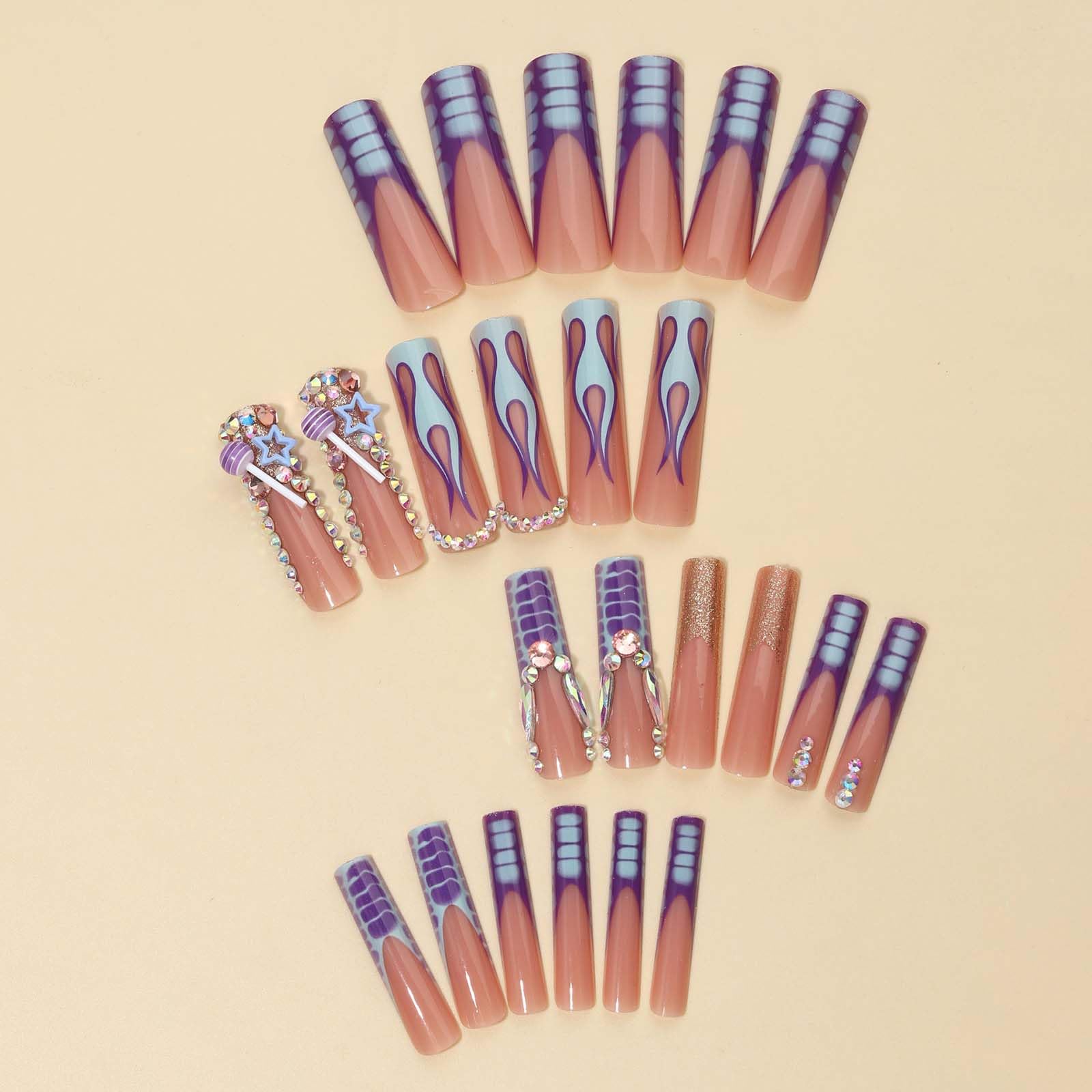 QQPPOLIU Press on Nails Long Square Purple Fake Nails with Design Full Cover Nails (Purple) - Image 4