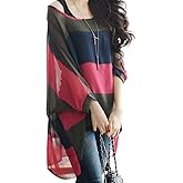 Vanbuy Plus Size Floral Chiffon Batwing Sleeve Tunic Blouse Boho Off-Shoulder Beach Cover Up Loose Summer Tops for Women