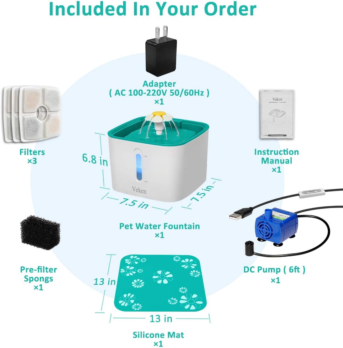 Pet Supplies : Veken Cat Water Fountain, 2.5L Automatic Pet Water Fountain Dog Water Dispenser with 3 Replacement Filters 1 Silicone Mat for Cats and Small to Medium Dogs (Cyan) : 