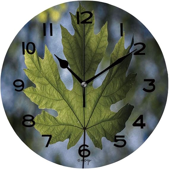 ALUONI 10 inch Round Clock Green Maple Leaf Macro Unique Wall Clockfor Living Room