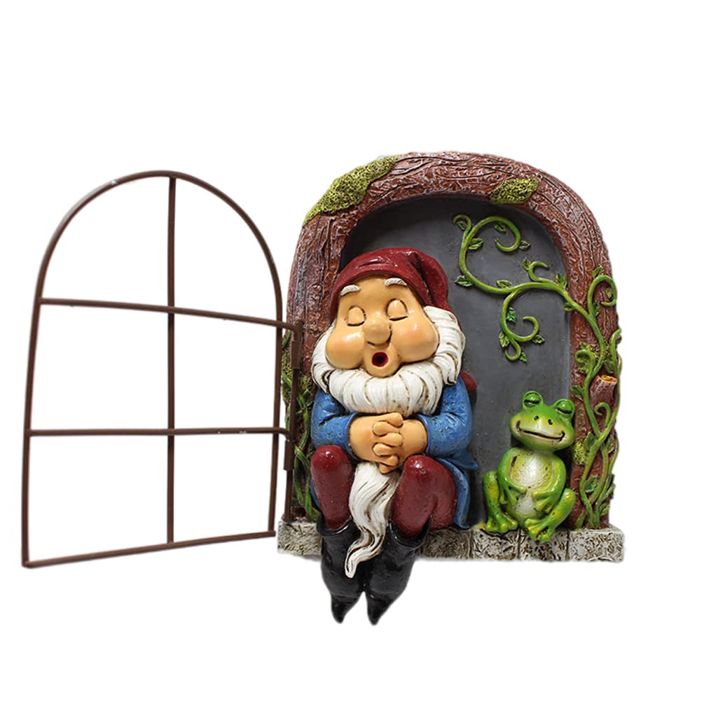 Garden Gnome Statue Tree Ornaments, Gnome Sleeping at Window Miniature Statue Decoration Cute Figure Statue Indoor and Outdoor Garden Accessories