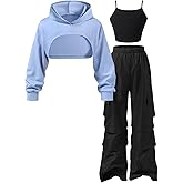 ZGKB Kids-Tween Girls Clothing,3-Piece Teen Girls Outfit Set, Cropped Hoodie,modischer Outfit, Black Tank Top and Cargo Pants