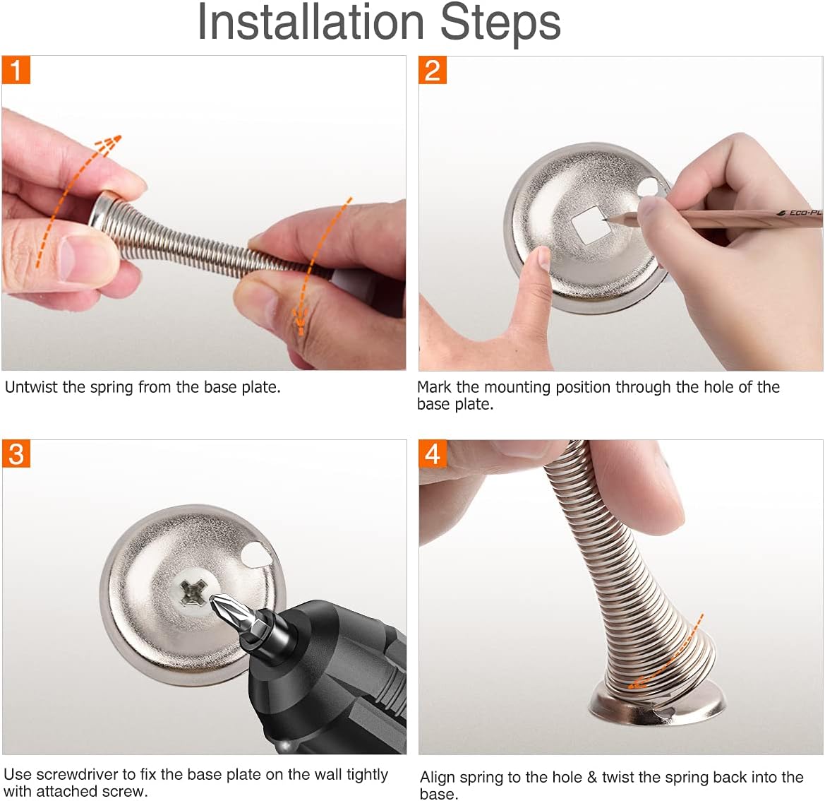 KOVOSCH 6 Pack Spring Door Stops Brushed Satin Nickel- 3-1/4" Flexible Spring Door Stopper with White Rubber Bumper Tips - - 