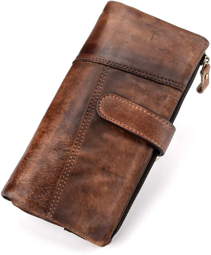 LETEULO Woman's RFID Wallet Leather Card Holder with Zipper Splicing Retro Style Coffee