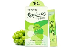 Teazen Kombucha Tea, Zero Sugar, Sparkling Fermented Powdered Mix Beverage from Korea, Live Probiotics & Prebiotics, 10 Sticks, 1.76oz (Shine Muscat)