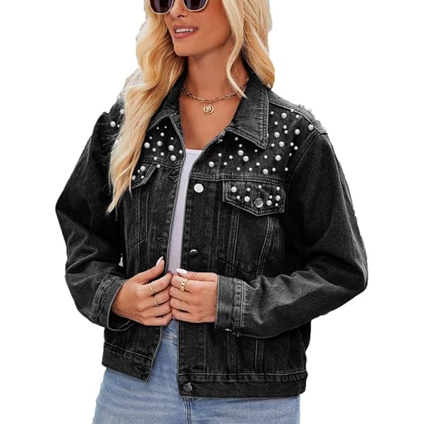 Perbai Womens Pearls Beading Denim Jacket Button Down Embroidered