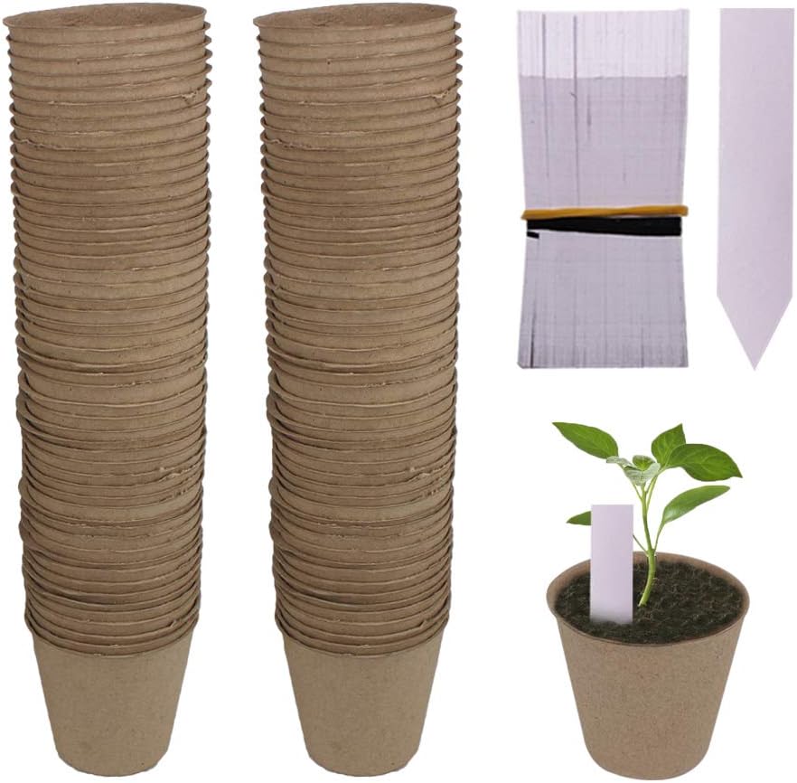 Huvai 100 Pack 3.15" Round Biodegradable Peat Pots Plant Seedling Saplings & Herb Seed Starters Kit with 100 Pcs White Plastic Plant Labels