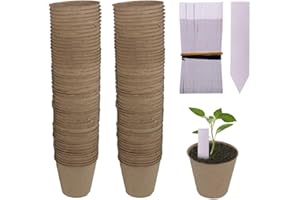 Huvai 100 Pack 3.15" Round Biodegradable Peat Pots Plant Seedling Saplings & Herb Seed Starters Kit with 100 Pcs White Plastic Plant Labels
