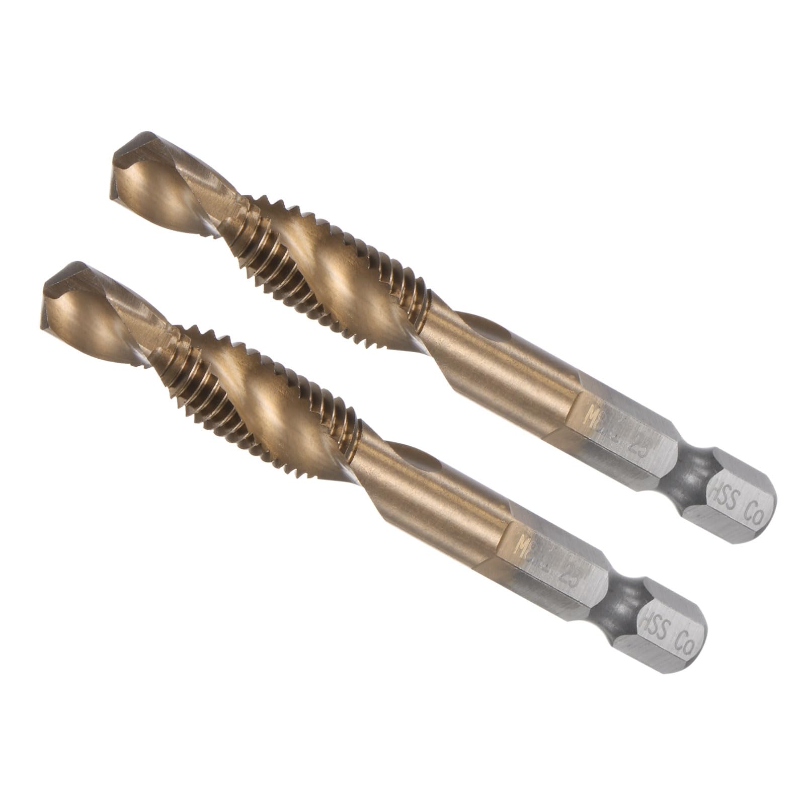 CoCud Combination Drill Tap Bit, M8 x 1.25 Thread Size 1/4" Hex Shank, Uncoated M35 Cobalt High Speed Steel Tools - (Applications: for Aluminum Stainless Steel Plastic), 2-Pieces
