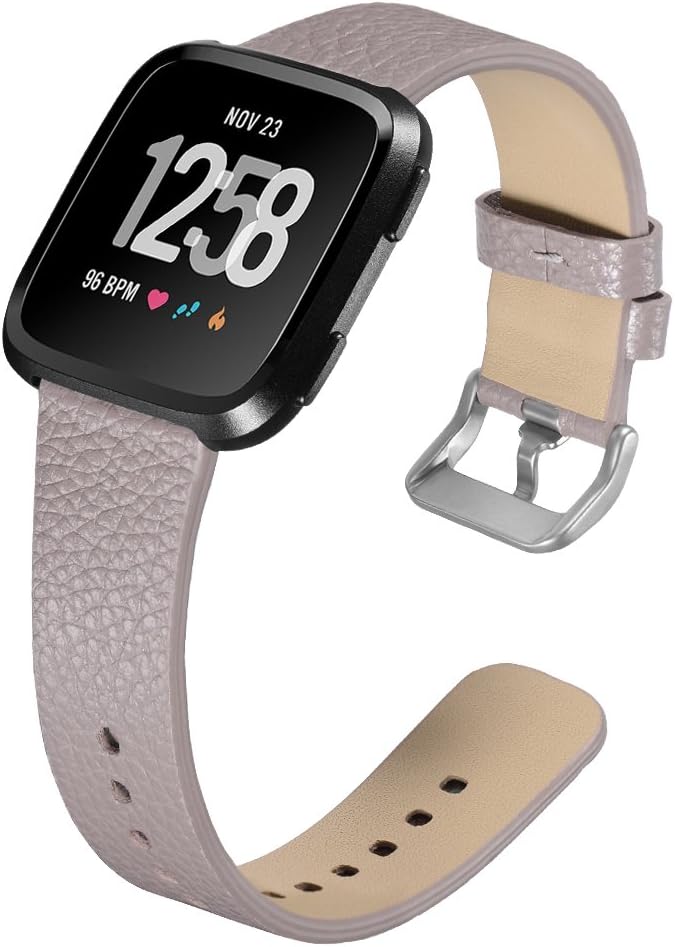 Patyma Compatible with Fitbit Versa Bands, Retro Top Grain Genuine Leather Replacement Watch Strap Accessories Classic Wristband for Women Men Grey