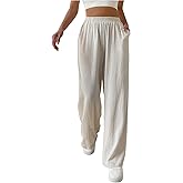Verdusa Women's Linen Pants Elastic High Waisted Wide Leg Casual Loose Trousers with Pockets
