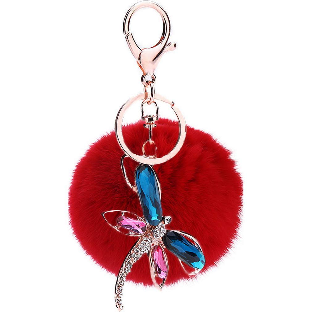 JK Home Dragonfly Pendant Ball Pom Pom Keychain for Car Phone Bag Toy Red