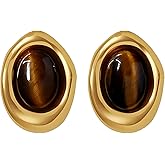 Natural Tiger Eye Stone Stud Earrings for Women, 18K Gold Plated Titanium Steel Brown Earrings, Vintage Gemstone Earrings for Statement Jewelry