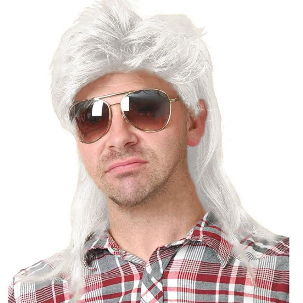 Photo 1 of Swiking White Mullet Wigs for Men 80s Curly Wigs Disco Rocker Curly Punk Fancy Party Halloween Cosplay Costume Hair Male Wig(White)