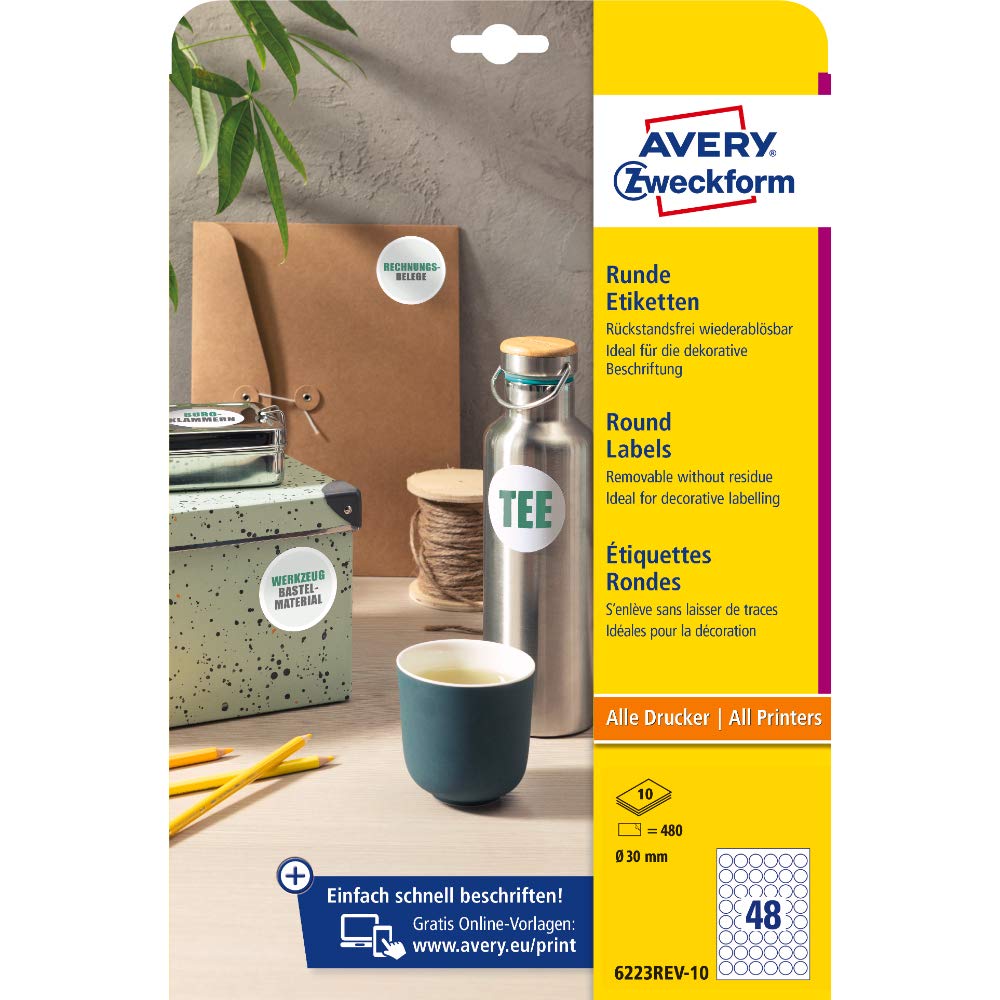 AVERY Zweckform 6223REV-10 Round Labels (480 Adhesive Dots, Diameter 30 mm on A4, Round Stickers for Printing, Removable Without Residue/Removable, Self-Adhesive Jam Labels), 10 Sheets, White