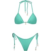 VOLAFA Women's Triangle Bikini Set Multiway Fishnet Tie Side Halter String Solid Cheeky Two Piece Swimsuit Bathing Suit