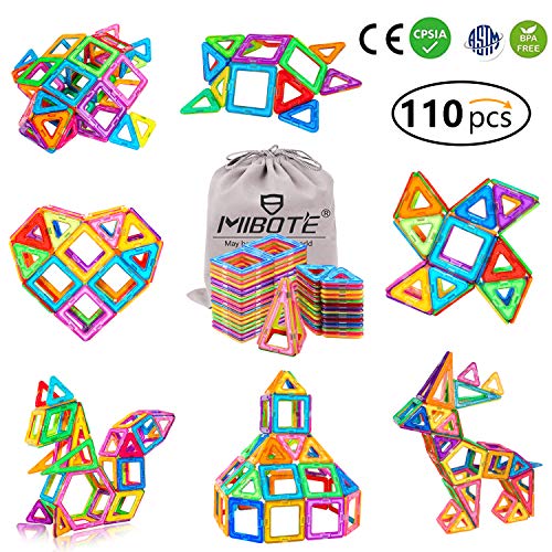 MIBOTE 110pcs Magnetic Building Blocks Educational Magnet Tiles Set Blocks Toys for Toddler Kids - All of Them are Magnet, NO Cards