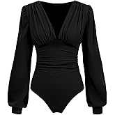 CIDER Long Sleeve Body Suits Womens V Neck Bodysuits Ruched Pleated Corset Bodysuit Leotard Trendy