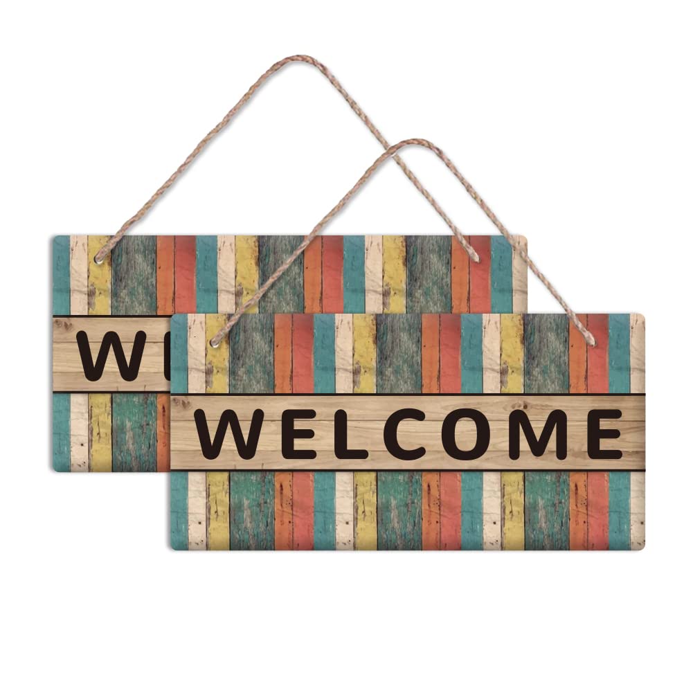 SUPERDANT 2 Pcs Wooden Hanging Door Sign Colorful Stripes Hanging Wood Welcome Sign with Welcome Words for Front Door Wall Indoor Outdoor Home Decor 15x30x0.5cm