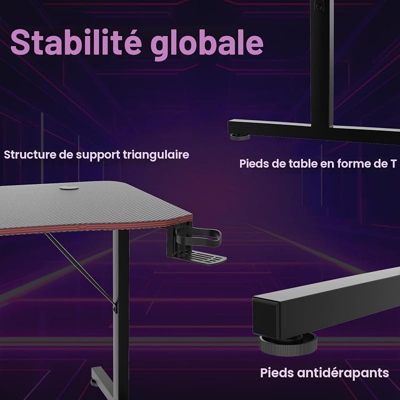 Bureau Gaming 180x60cm, Porte-Gobelet & Casque, Ergonomique, Noir — photo 3 sur 7