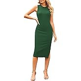 Pink Queen Women's Crewneck Sleeveless Tank Bodycon Ribbed Knit Side Sit Knee Length Pencil Midi Dresses