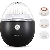 YOUTHLUX Pure Radiance, Vibrating Facial Cleansing Brush, Electric, 3 Modes, 3 Brush Heads (2 Bristle,1 Silicone), Waterproof, Rechargeable, Smart Timer, Exfoliating, Massage (Black)