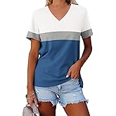Minetom Women's Color Block/Solid Tops Short Sleeve V Neck T Shirts Summer Casual Tees
