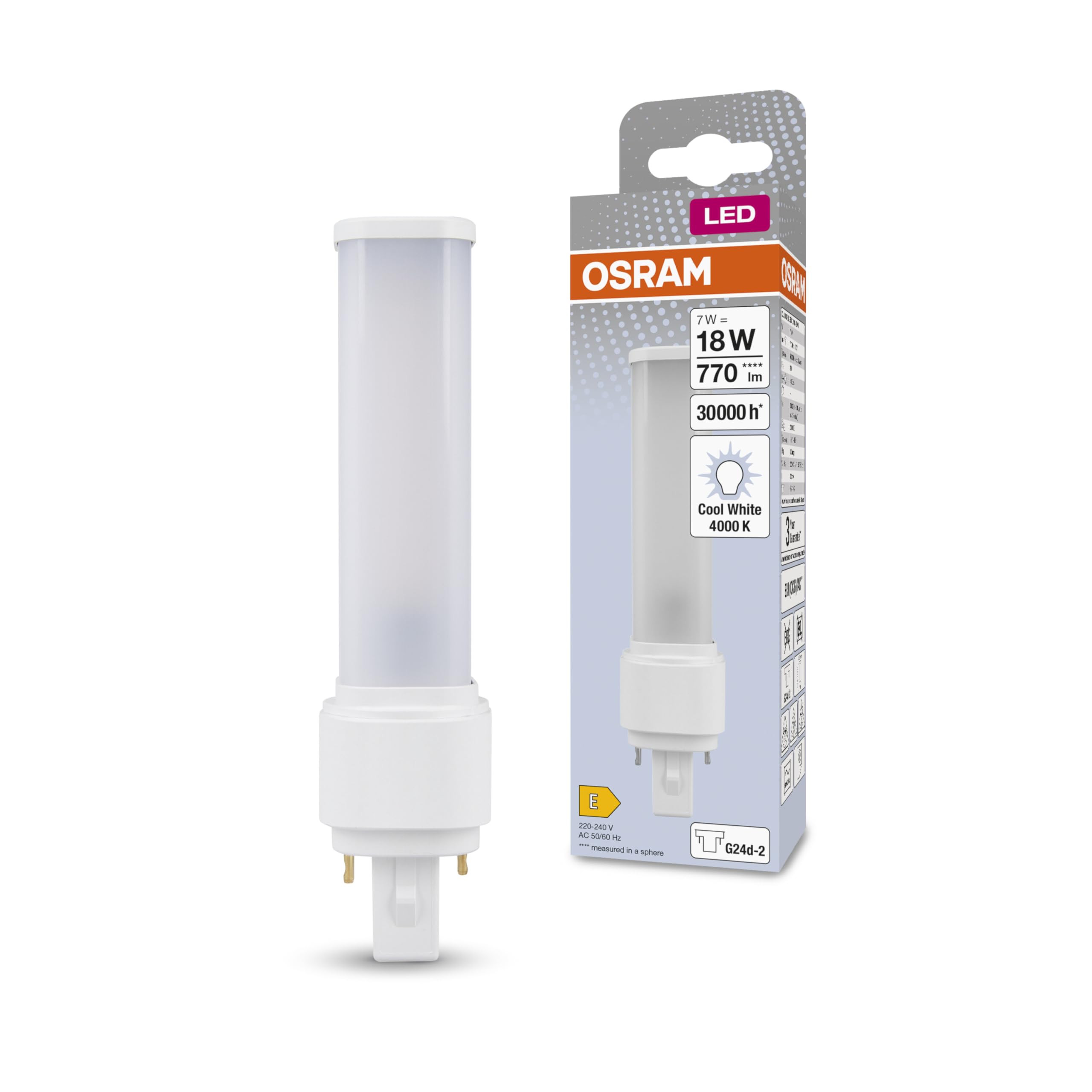 OSRAM DULUX D 18 LED lamp for G24D-2 Base, 7 watt, 700 Lumen, Cool White (4000K), rotatable, Replacement for Conventional 18W Dulux lamp