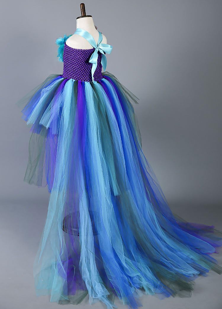 Tutu Dreams Deluxe Long Train Peacock Dress for Girls 2-12Y Flower Girl Birthday Party