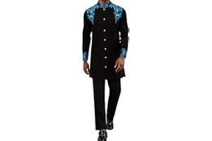 ZSJR Mens Long African 2 Piece Set Nigerian Dashiki Metallic Traditional Suit Gold Stamp Printed Shirt and Pants Outfit