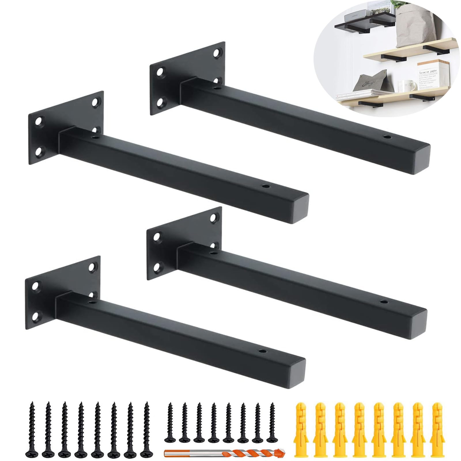 4 Pack Multi-Sized Heavy Duty Shelf Brackets, Steel Thickened Floating Shelf Supports with Hardware for Wall Shelves, 110lbs Load Capacity (Black, 12-inch)