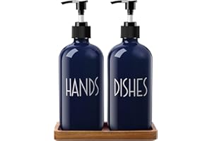 ALELION Navy Blue Dish Soap Dispenser for Kitchen - 16 OZ Hand Soap Dispenser Set with Acacia Wood Tray - Blue Kitchen Bathroom Home Decor and Accessories