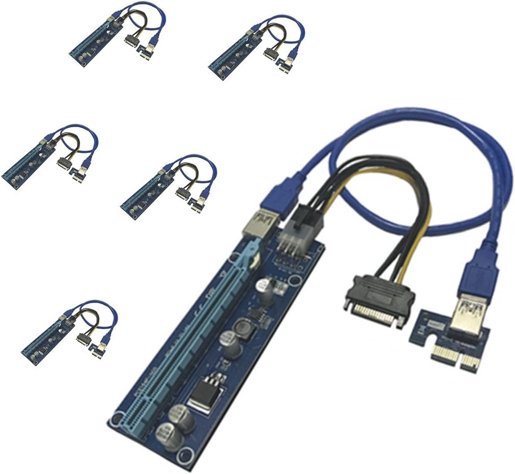 KECAG PCI-E Riser Adapter Card Powered PCIe 16x to 1x w/60cm USB 3.0 Extension Cable & 6-Pin PCI-E to SATA （6 Packs） (VER 006c, 6-Packs)