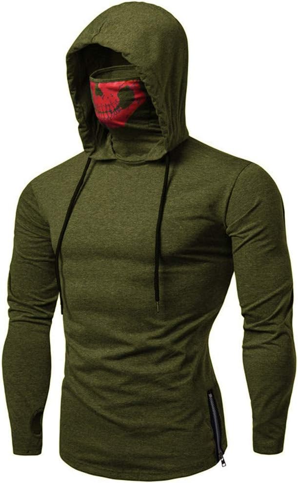 holitie Mens Autumn Mask Skull Pure Color Pullover Long Sleeve Bottoming Hooded Sweatshirt Tops Blouse Outwear
