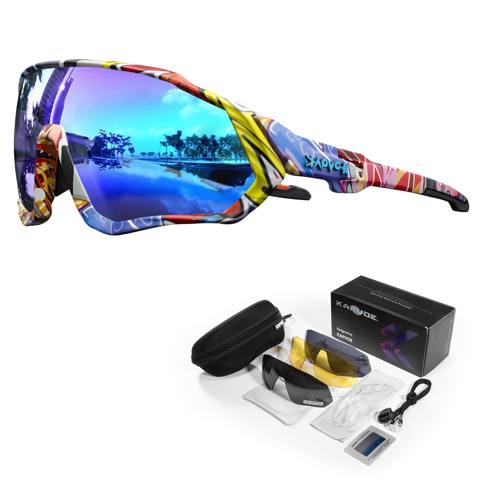 KAPVOE Polarized Cycling Sunglasses 5-Pack with Interchangeable Lenses for Men and Women. Sports Eyewear for Road Cycling, Mountain Biking, Running, Fishing, Rowing, and Golf 01