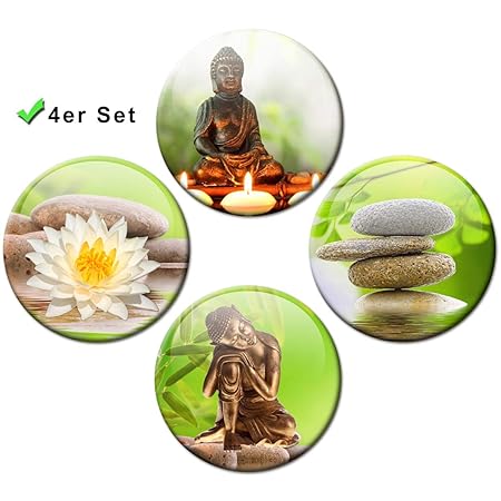 Kühlschrankmagnete Buddha Wellness 4er Geschenk Set Magnete für Magnettafel stark groß Ø 50 mm