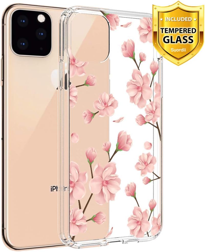 Suordii for iPhone 11 Pro Max Case, 6.5 inch 2019 with Tempered Glass Screen Protector, Crystal Clear Heavy Duty Hybrid Sturdy Armor High Impact Shockproof Protective Cover Case - Peach/Pink