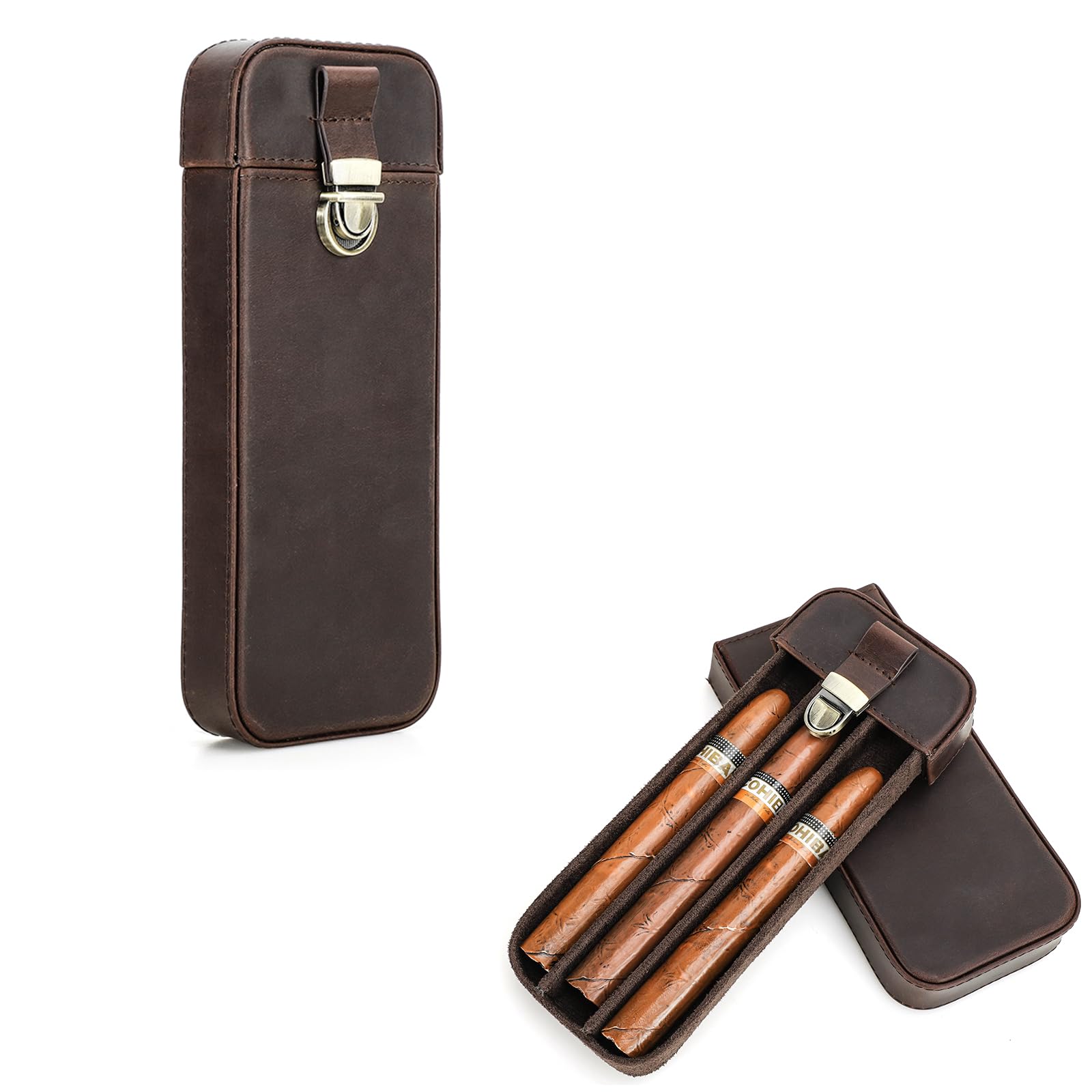 Hiram Cigar Travel Case Genuine Leather Cigar Humidor for 3 Cigars Portable 3-Finger Cigar Storage Box with Lock and Drawer Design — image 1