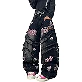 DFGIGT Mens Hip Hop Frayed Edges Baggy Jeans with Flower Embroidery Wide Leg Loose Fit Vintage Denim Pants Streetwear