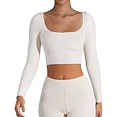 CUHUDA Women's Basic Long Sleeve Square Neck Crop Top Double Lined Slim Fit T-Shirt