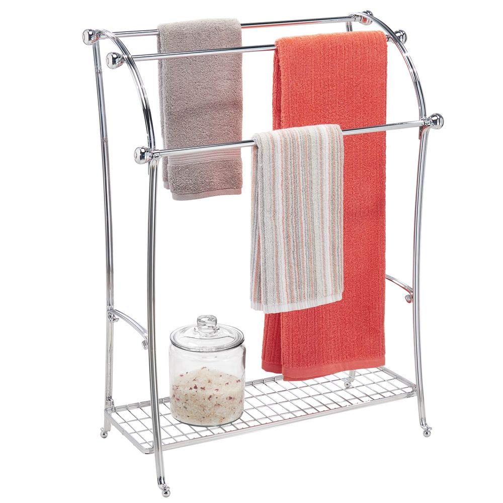 mDesign Large Freestanding Towel Rack Holder with Storage Shelf - 3 Tier Metal Organizer for Bath & Hand Towels, Washcloths, Bathroom Accessories - Chrome