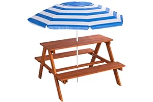 PNOCHOO Kids Wooden Picnic Table with w/Adjustable Collapsible Umbrella,Toldder Picnic Outdoor Patio Table with Built-in Seats ,Outdoor Activity & Dining Table for Kids,Toddler Picnic Table for Backyard,Blue