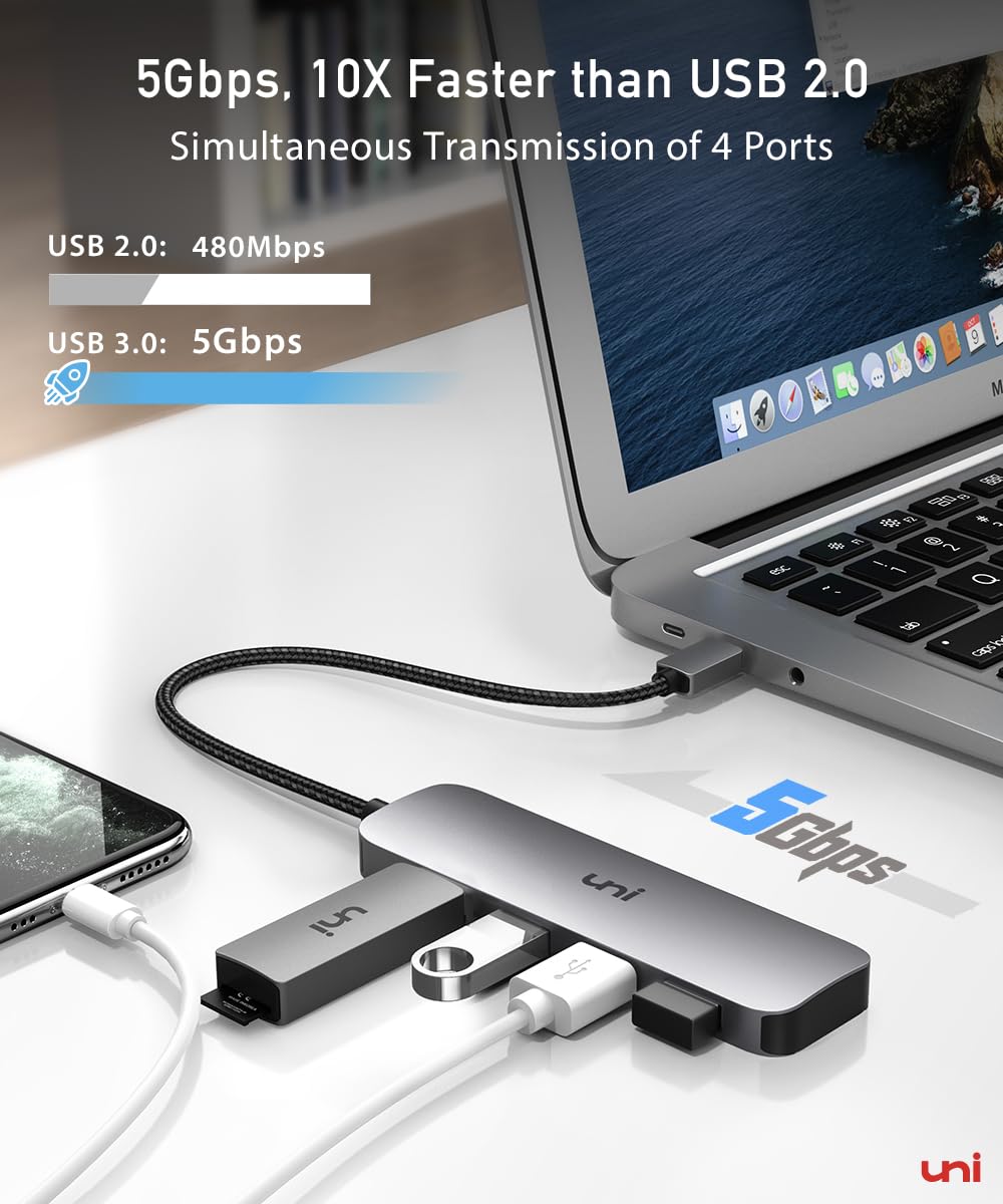 uni USB C Hub mit 4-Port USB 3.0 ultradünner Daten-Hub aus Aluminium, für MacBook Pro/Air, iPad Pro/Air, Dell XPS, Surface Book, iPhone 15 Serie usw. 2