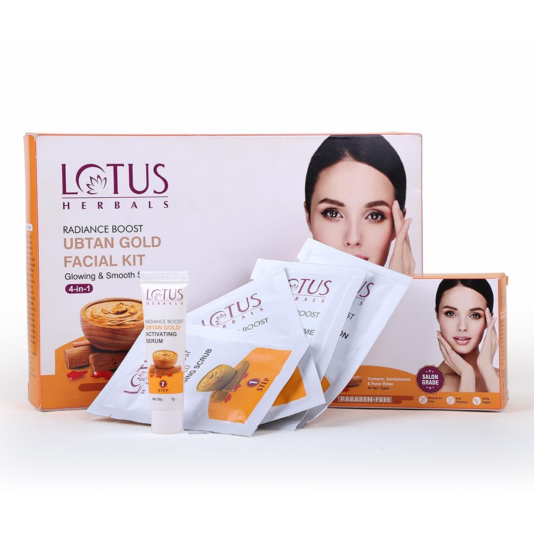 Lotus Herbals Radiance Boost Ubtan Gold Facial Kit | Turmeric, Sandalwood, Rose Water and 24k Gold flakes | Glowing Skin | Reducing Dark Spots | Paraben Free (4 Use)