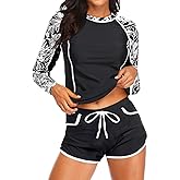 Women's Long Sleeves Rash Guard - 2 Piece Swimsuits with Built in Bra Swim Shirt and Shorts with Pockets