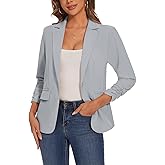 LADI TREND Womens Casual Blazers Ruched 3/4 Sleeve Lapel Button Slim Work Office Blazer Jacket with Pockets *Grey,Size XL*